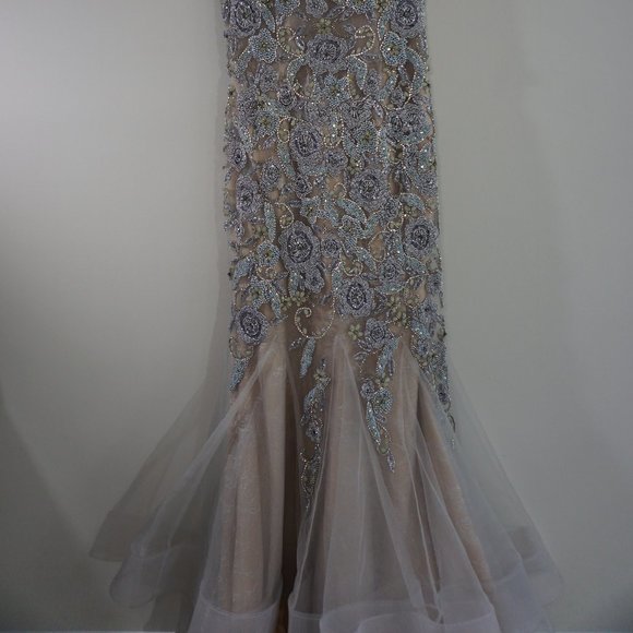 Terani Couture One Shoulder Silver and Cream Dress - Picture 2 of 11